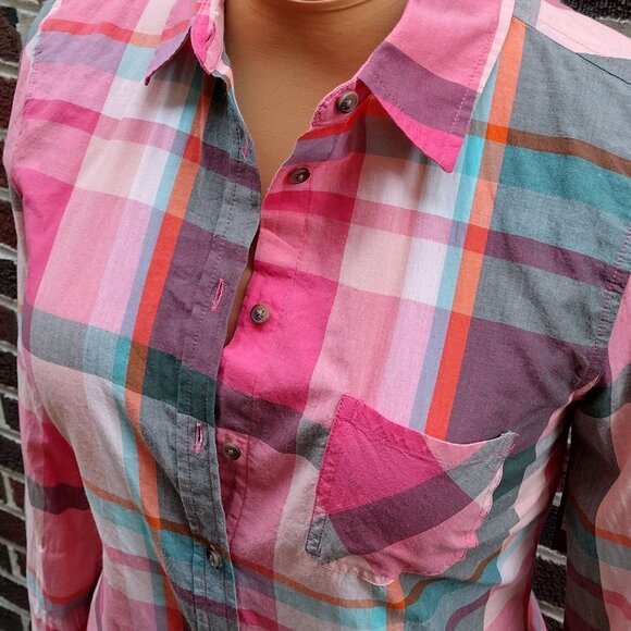 NWT Merona Pink Mixed Colors Plaid Cotton Long Sleeve Button Up Shirt, Size XS - Picture 3 of 9